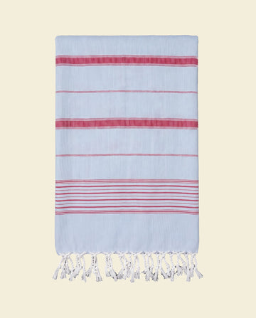 2 kleuren XXL hamamdoek lichtblauw/robijnrood