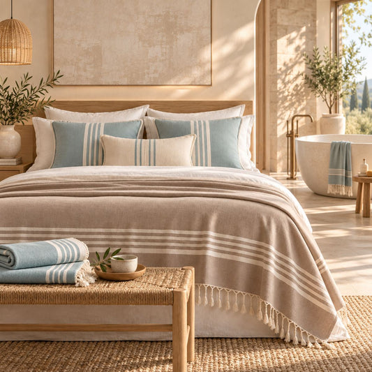 Luxe B&B-gastenkamer met een hamam bedsprei, bijpassende sierkussens en opgevouwen hamamdoeken in zachte beige- en blauwgroene tinten, met een vrijstaand bad op de achtergrond.