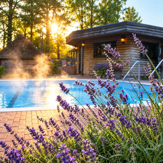 Buitensauna met warm zwembad en lavendel bij een wellnessresort