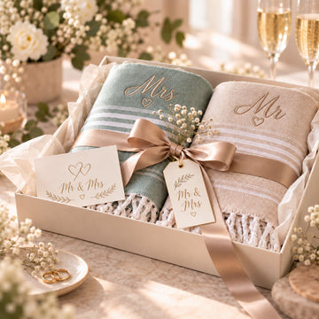 Twee hamamdoeken in zachtgroen en beige met geborduurde Mr en Mrs, feestelijk verpakt in een luxe cadeaubox met bloemen en trouwringen.