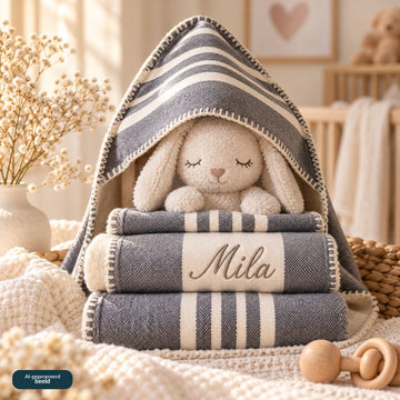 Lalay newborn doekenset in dark grey met natural gestreepte doeken en de naam Mila geborduurd, gecombineerd met een knuffelkonijntje in een sfeervolle babykamer.