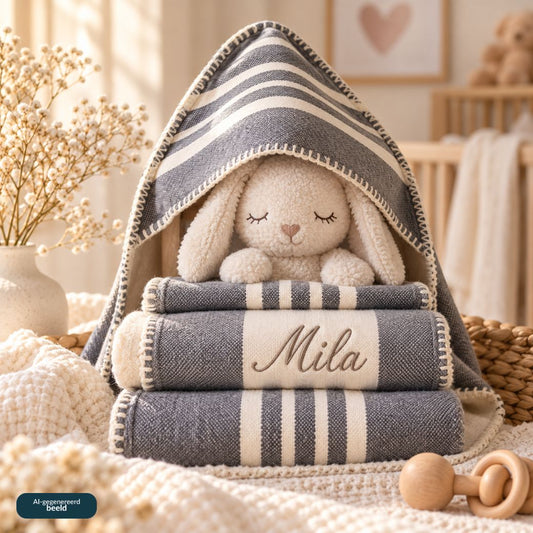 Lalay newborn doekenset in dark grey met natural gestreepte doeken en de naam Mila geborduurd, gecombineerd met een knuffelkonijntje in een sfeervolle babykamer.