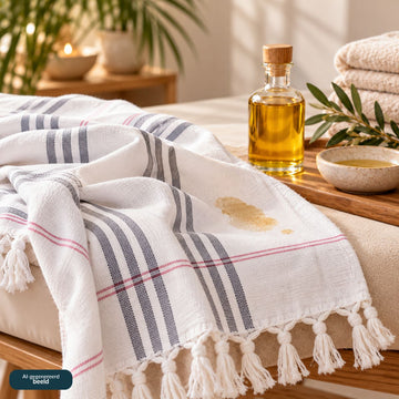 Witte hamamdoek met grijze strepen en een zichtbare olievlek, naast een flesje massageolie op een houten massagetafel.
