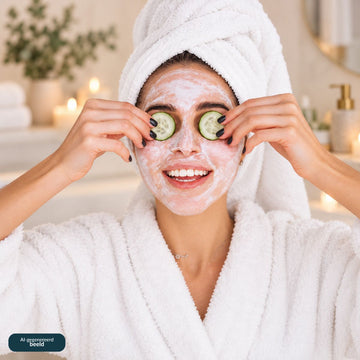 Vrouw met gezichtsmasker en komkommerschijfjes geniet van een ontspannen spa avond thuis