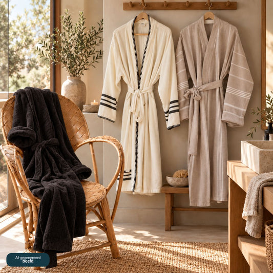 Drie verschillende badjassen in een rustige wellnesssetting, van licht geweven tot voller en warmer materiaal