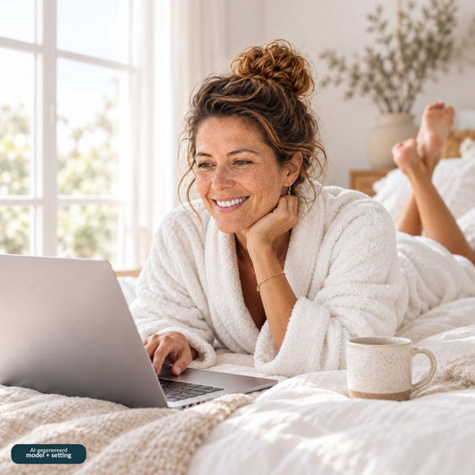 Vrouw in een witte badstof badjas ligt ontspannen op bed en bekijkt een laptop.