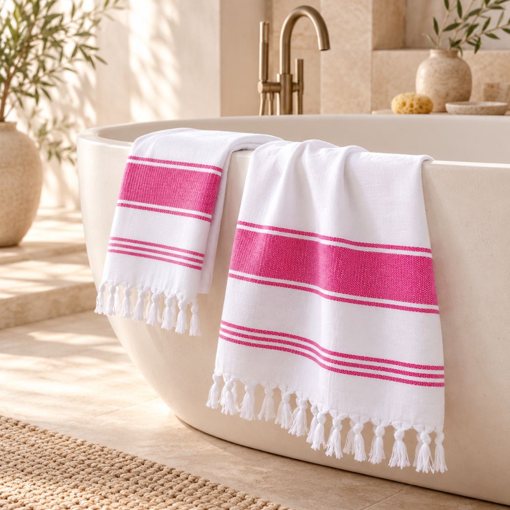 Witte hamamdoeken met roze strepen en franjes over de rand van een vrijstaand bad in een luxe badkamer.