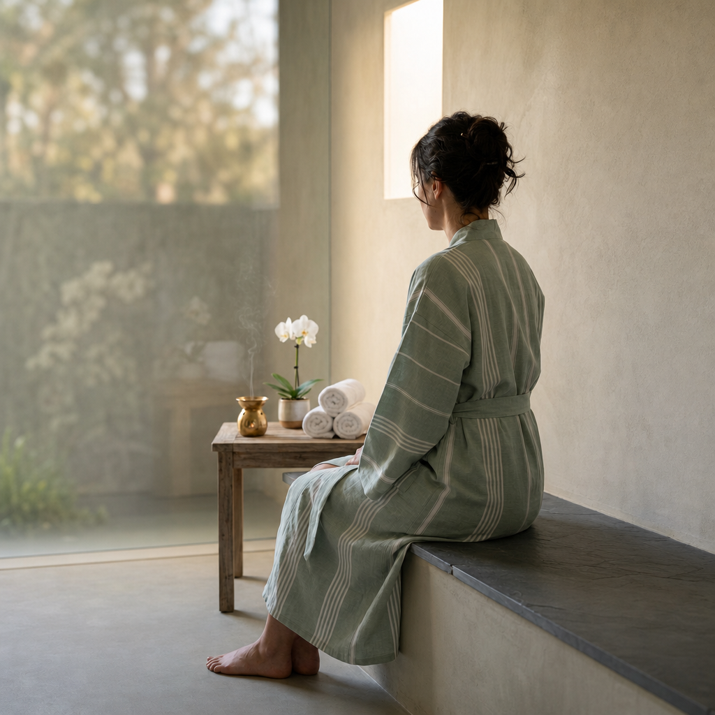 Hamam badjas in groentint in wellnesssetting, met opgerolde handdoeken en orchidee