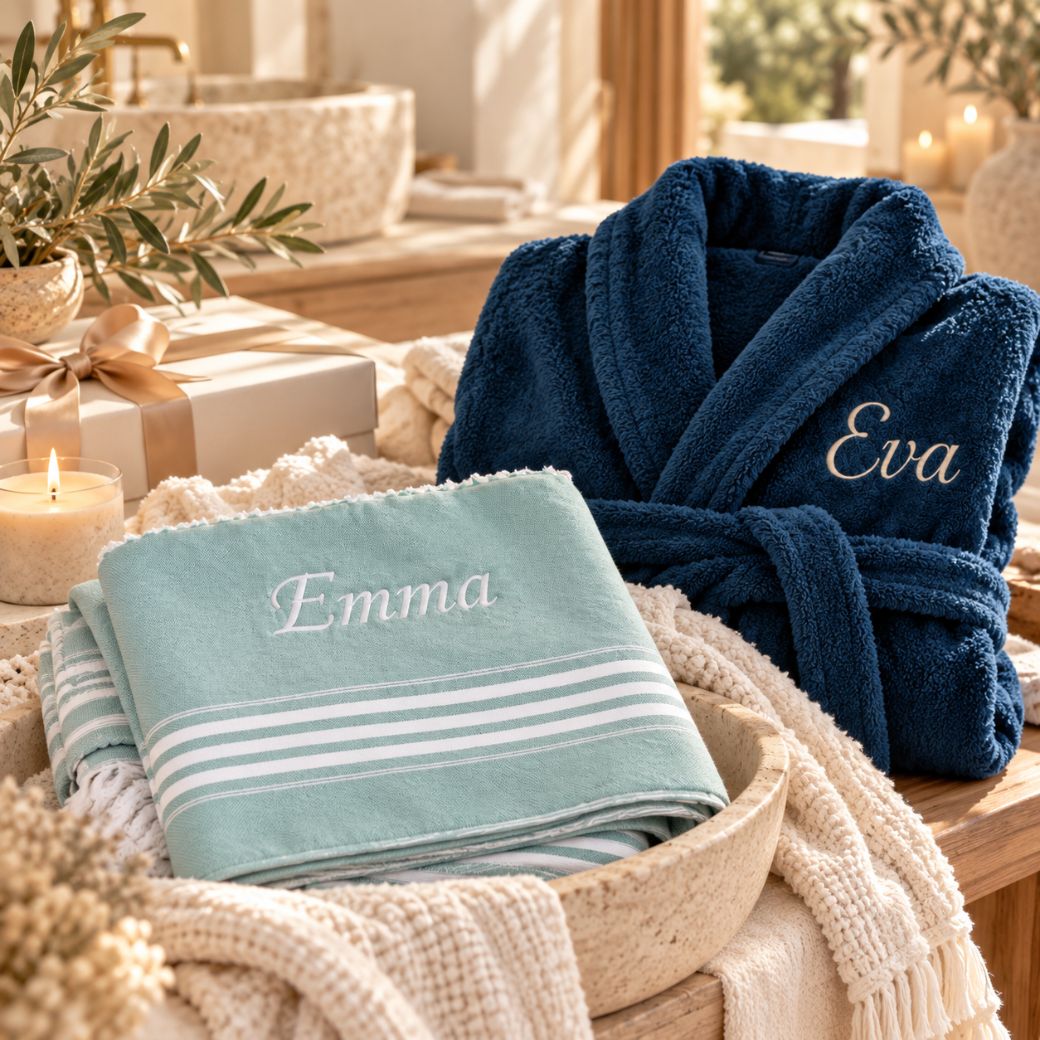 Gepersonaliseerde grijsgroene hamamdoek met naam Emma en petrol badjas met naam Eva in een luxe wellnesssetting