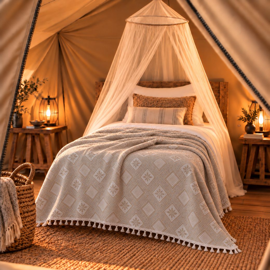 Katoenen Ottomania zomersprei met geometrisch dessin op een eenpersoonsbed in een sfeervolle glampingtent.