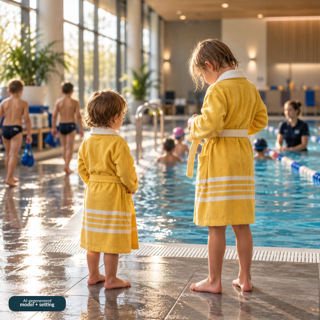 Twee kinderen van achteren in gele kinderbadjassen met natural strepen, bij het zwembad tijdens de zwemles.