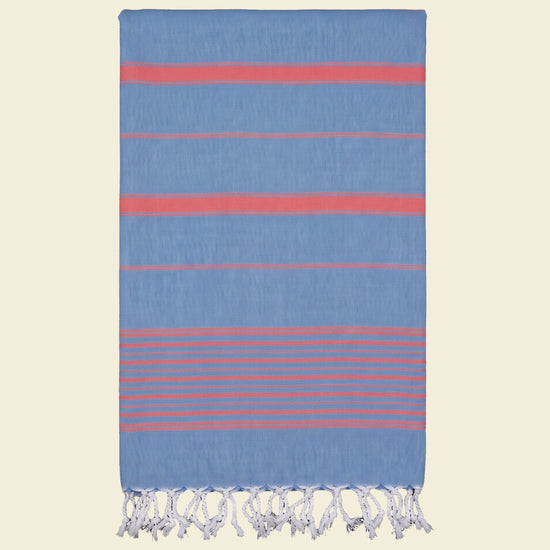 2 kleuren hamamdoek blauw/koraalrood - op kleur