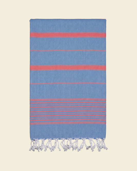 2 kleuren hamamdoek blauw/koraalrood - op kleur