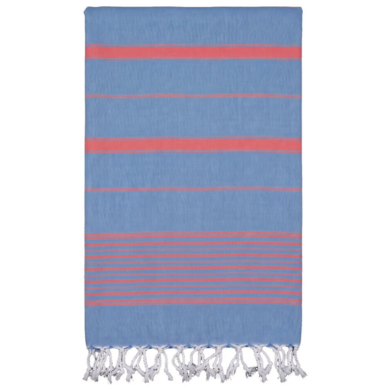 2 kleuren hamamdoek blauw/koraalrood - vrijstaand