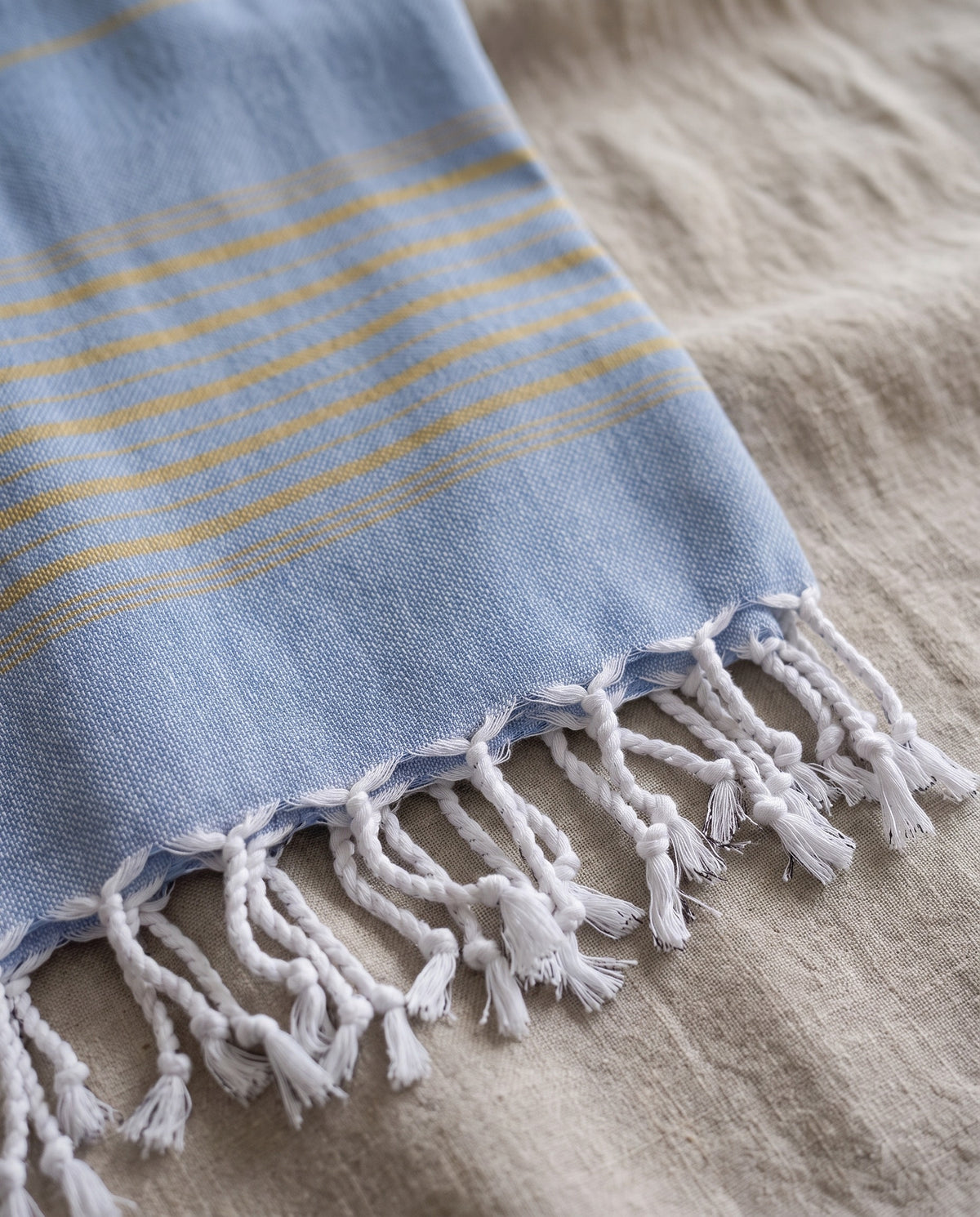 2 kleuren hamamdoek blauw/mosterd - detail