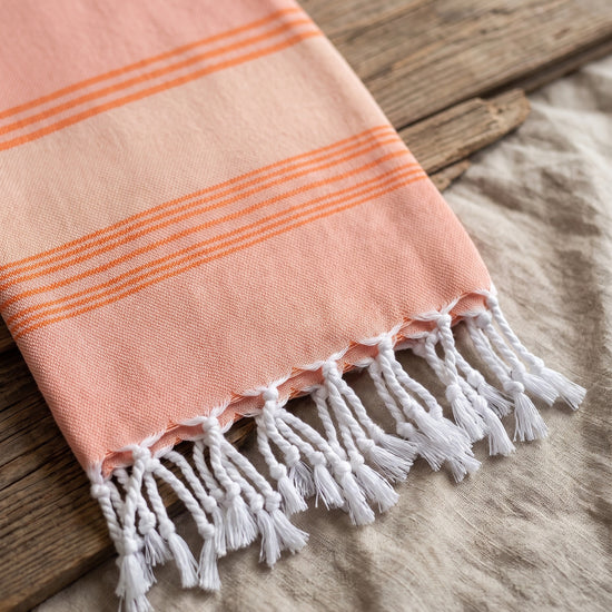 2 kleuren hamamdoek donkerperzik/mandarijn - detail
