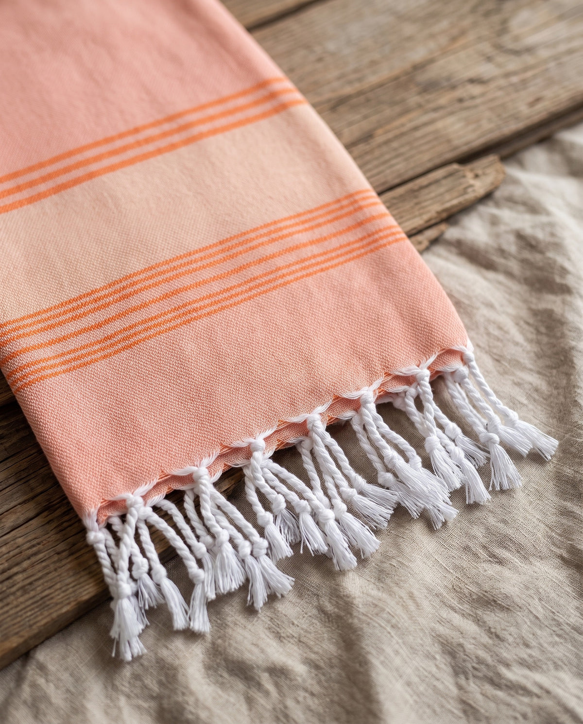 2 kleuren hamamdoek donkerperzik/mandarijn - detail