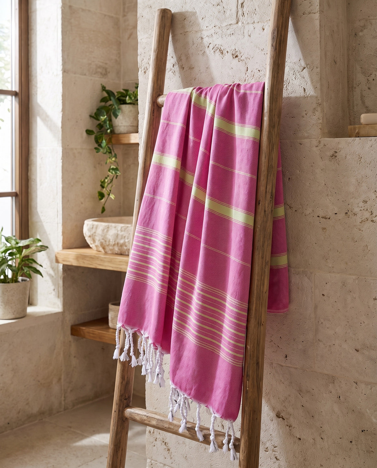 2 kleuren hamamdoek fuchsia/linde - sfeer