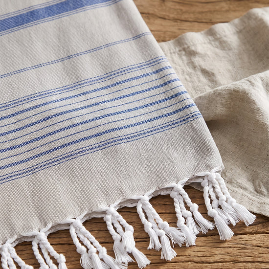 2 kleuren hamamdoek grijsbeige/parlementblauw - detail