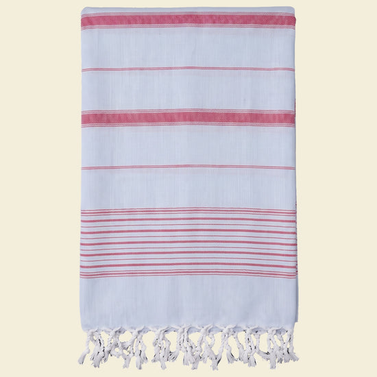 2 kleuren hamamdoek lichtblauw/robijnrood - op kleur