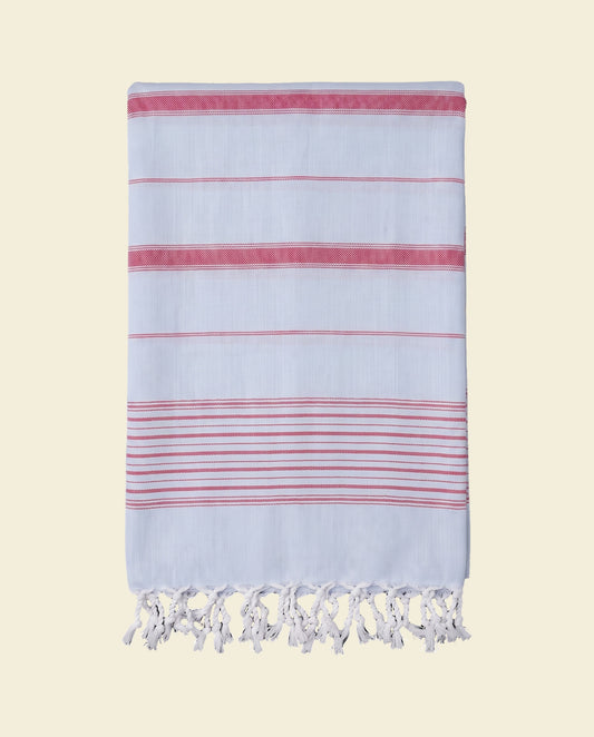2 kleuren hamamdoek lichtblauw/robijnrood - op kleur