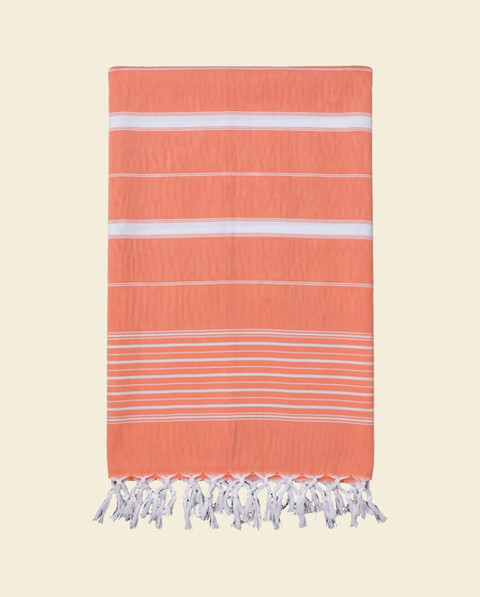 2 kleuren hamamdoek mandarijn/lichtblauw - op kleur