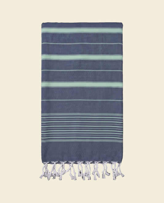 2 kleuren hamamdoek marine/helderzeegroen - op kleur
