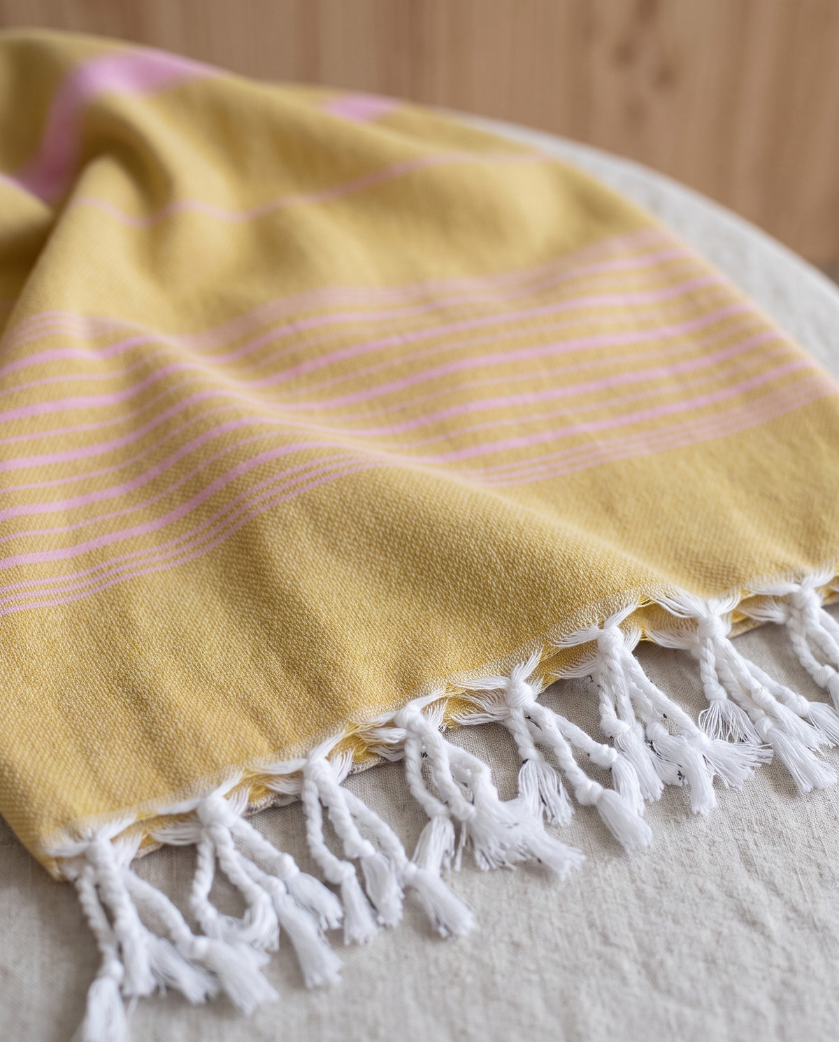 2 kleuren hamamdoek mosterd/sorbetroze - detail