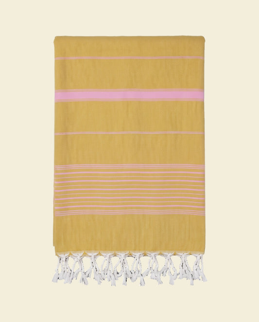 2 kleuren hamamdoek mosterd/sorbetroze - op kleur