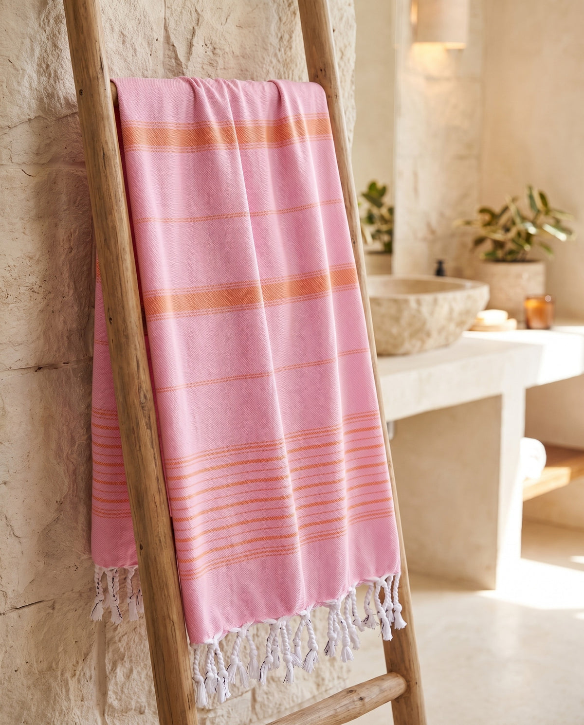 2 kleuren hamamdoek sorbetroze/mandarijn - sfeer