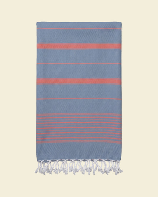 2 kleuren hamamdoek staalblauw/steenrood - op kleur