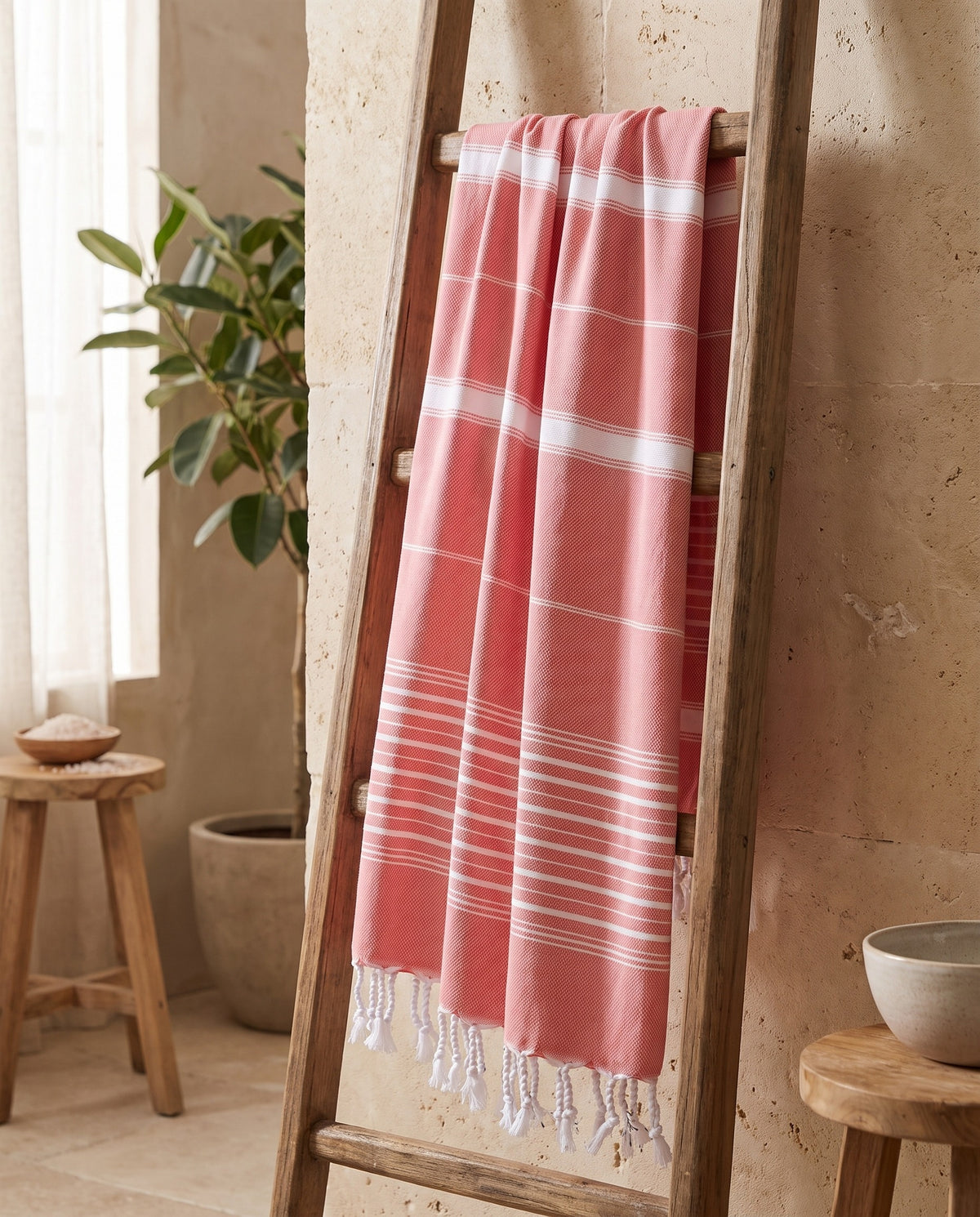 2 kleuren hamamdoek steenrood/roze - sfeer