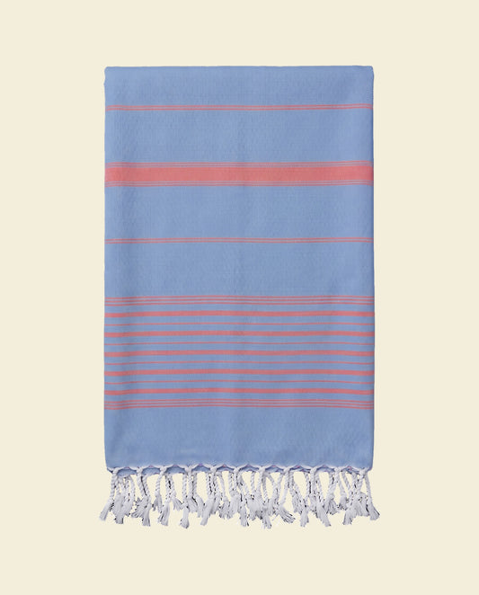 2 kleuren XXL hamamdoek blauw/koraalrood - op kleur