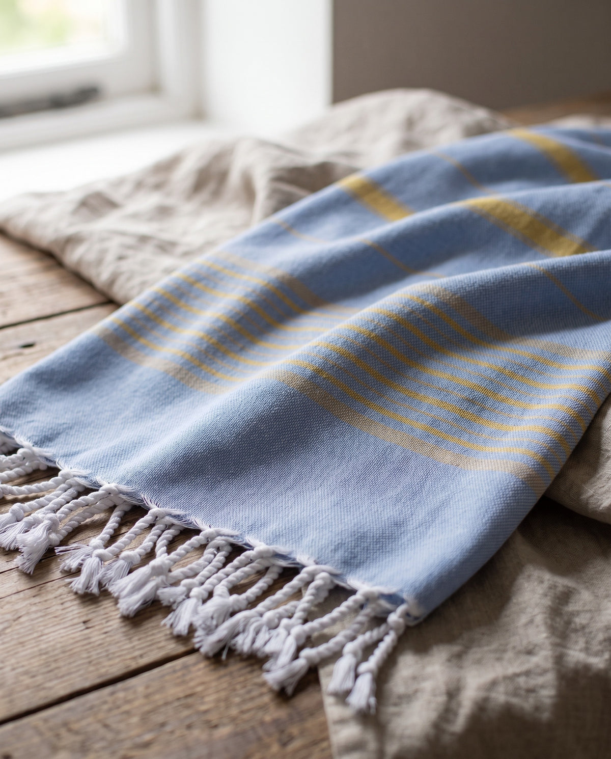 2 kleuren XXL hamamdoek blauw/mosterd - detail