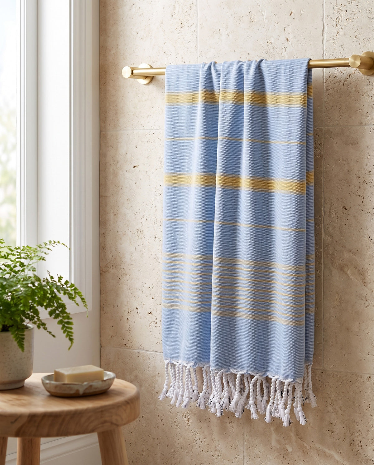 2 kleuren XXL hamamdoek blauw/mosterd - sfeer