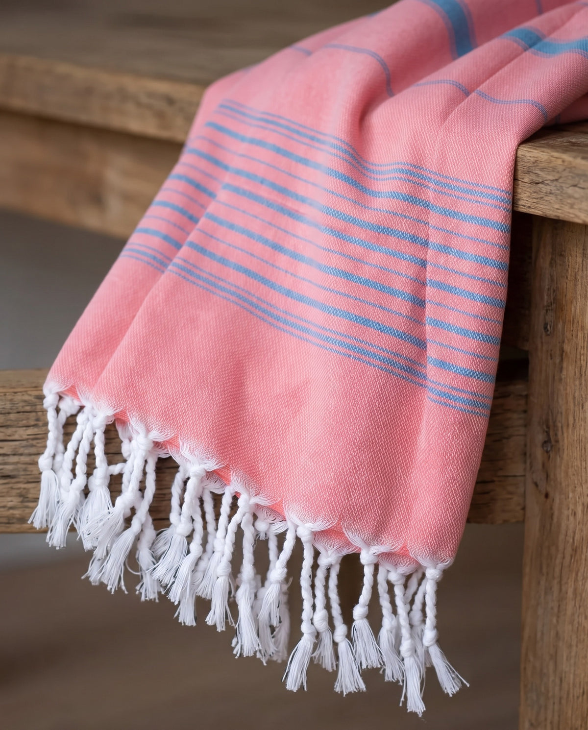 2 kleuren XXL hamamdoek koraalrood/mediteraanblauw - detail
