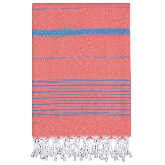 2 kleuren XXL hamamdoek koraalrood/mediteraanblauw - vrijstaand