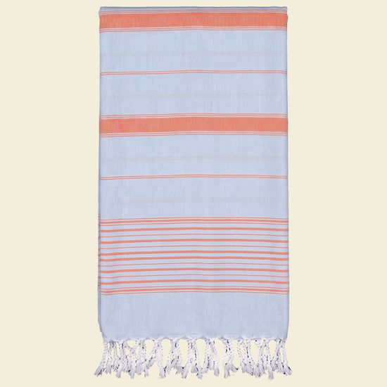 2 kleuren XXL hamamdoek lichtblauw/mandarijn - op kleur