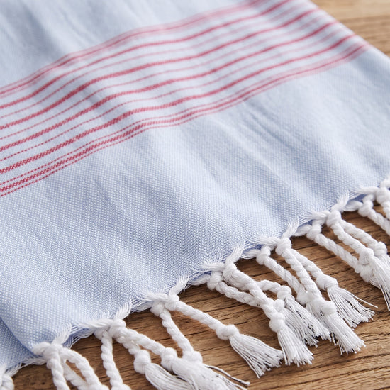 2 kleuren XXL hamamdoek lichtblauw/robijnrood - detail