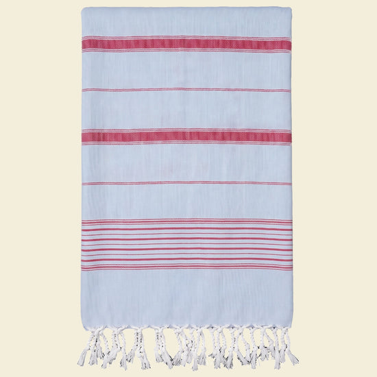 2 kleuren XXL hamamdoek lichtblauw/robijnrood - op kleur
