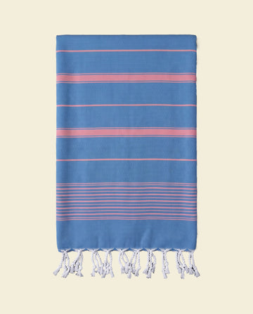 2 kleuren XXL hamamdoek mediteraanblauw/zuurstokroze
