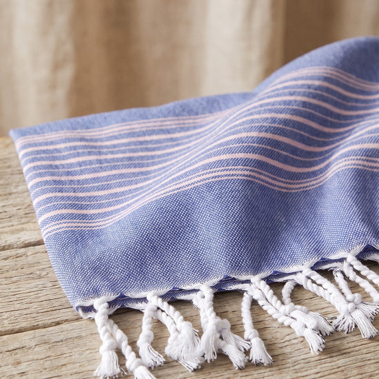 2 kleuren XXL hamamdoek parlementblauw/poederroze - detail