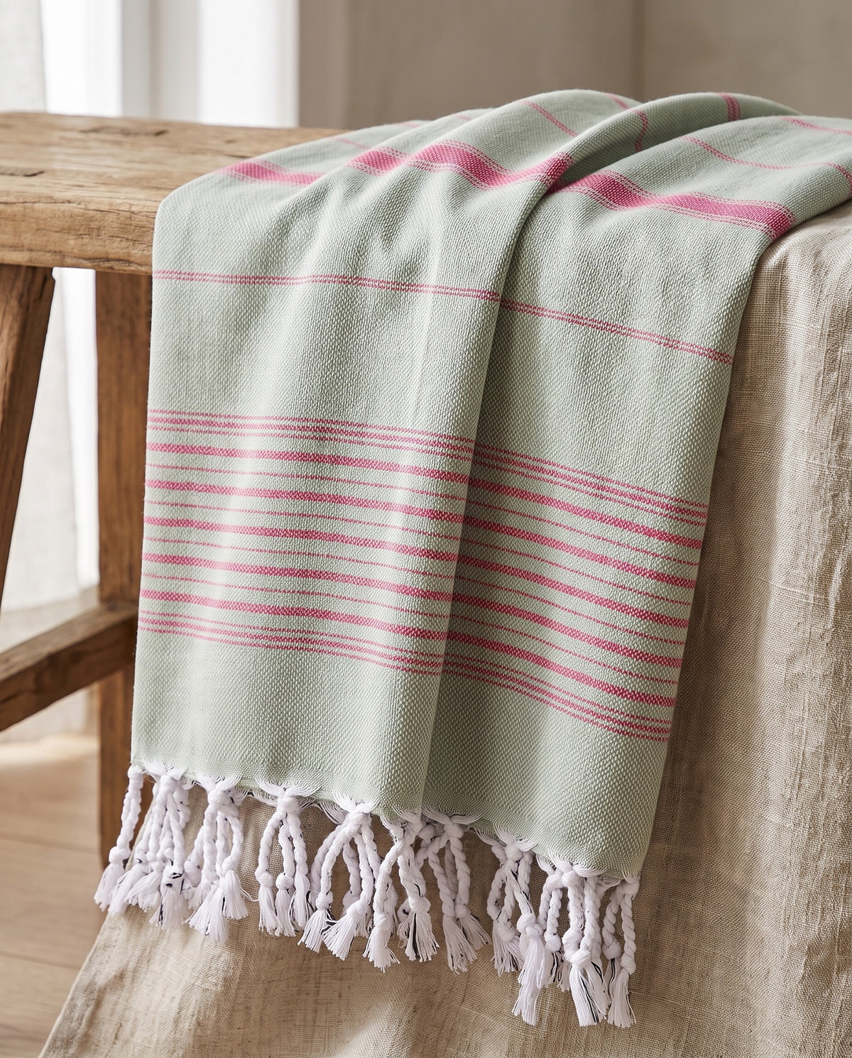 2 kleuren XXL hamamdoek salie/fuchsia - detail