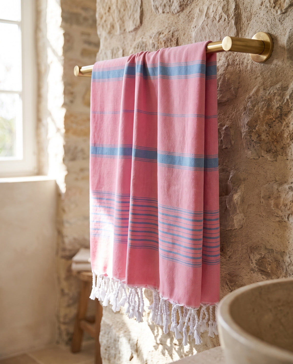 2 kleuren XXL hamamdoek zuurstokroze/oceaanblauw - sfeer