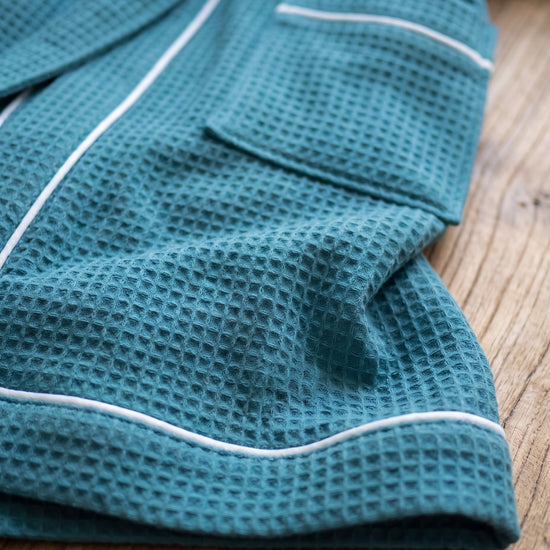 bamboe wafel badjas petrol groen  - gevoerd - detail