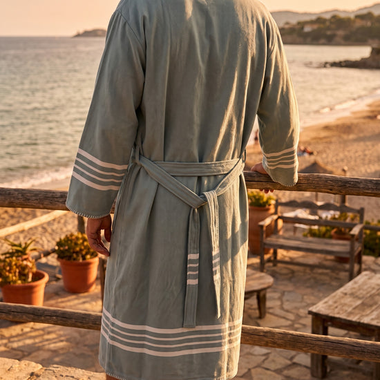 hamam badjas Krem Sultan almond green met farmer stitch - sfeer