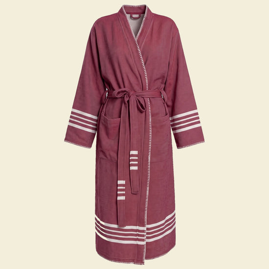 hamam badjas Krem Sultan bordeaux met farmer stitch - op kleur