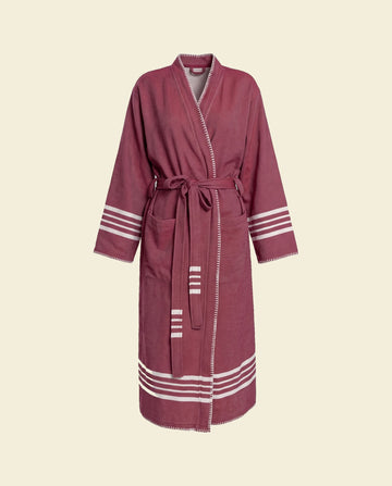 hamam badjas Krem Sultan bordeaux met farmer stitch - op kleur