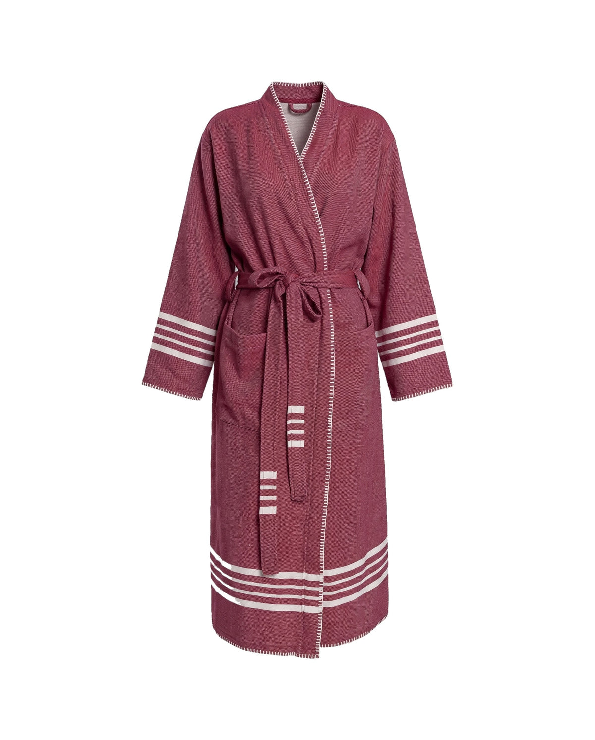 hamam badjas Krem Sultan bordeaux met farmer stitch - vrijstaand