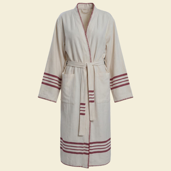 hamam badjas Krem Sultan natural bordeaux met farmer stitch - op kleur